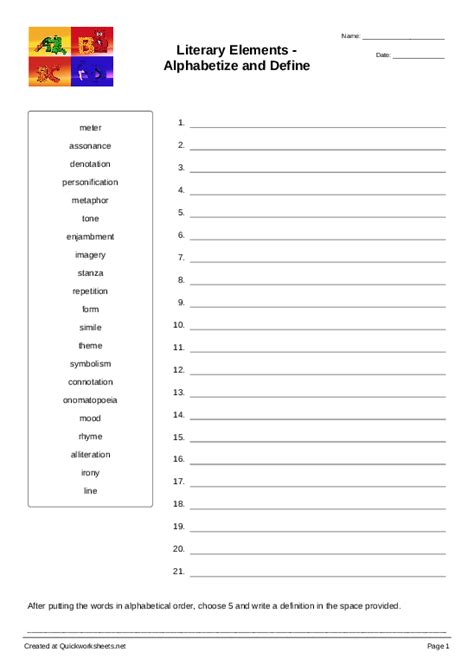Literary Elements Alphabetize And Define Sort Into Order Worksheet