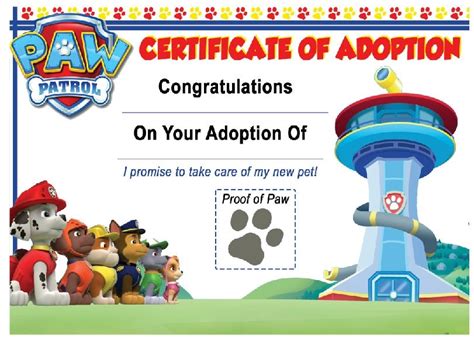 Paw Patrol Birthday Party Adopt A Puppy Certificate Instant