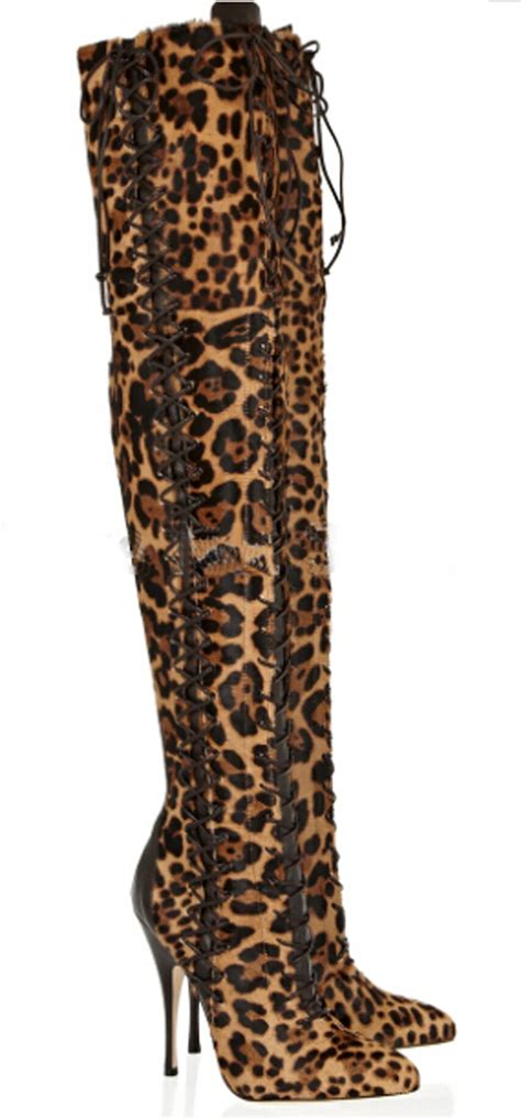 real picture women sexy pointed toe leopard suede leather over knee gladiator boots lace up long