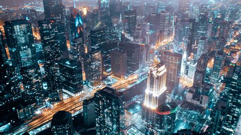 Download Wallpaper 1600x900 Night City Aerial View Buildings Lights