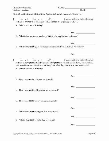The limiting reagent is the one that is totally consumed; 50 Limiting Reactant Worksheet Answers | Chessmuseum ...