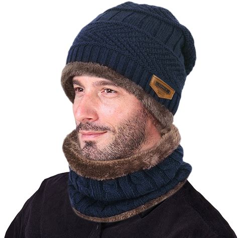 Winter Beanie Hat Scarf Set Warm Knit Hat Thick Knit Skull Cap For Men