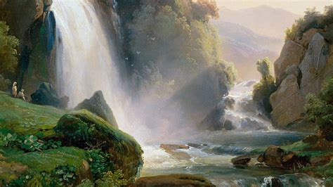 Painting Artwork Waterfall Rock Sunlight River Wallpapers Hd