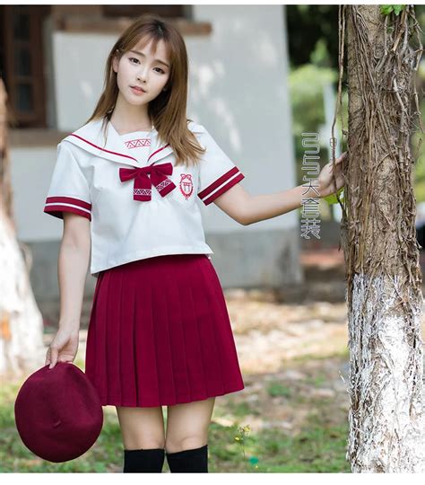 Women Girls Sailor Suit Short Sleeve Red Jk Uniform Dress For Students