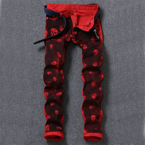 2019 Wholesale Ummewalo Skull Printed Jeans For Men Casual Slim Straight Jeans Designer Red