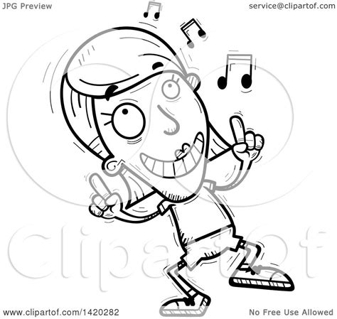 Clipart Of A Cartoon Black And White Lineart Doodled Woman Dancing To