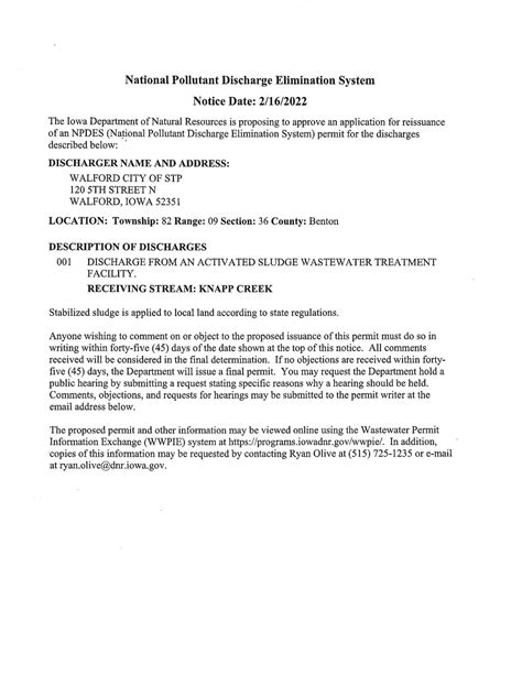 Notice National Pollutant Discharge Elimination System — Walford Iowa