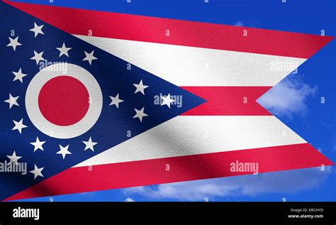 Flag Of Ohio Waving On Sky Detailed Fabric Texture Stock Photo Alamy