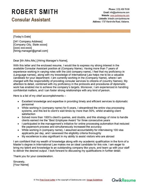 Consular Assistant Cover Letter Examples QwikResume