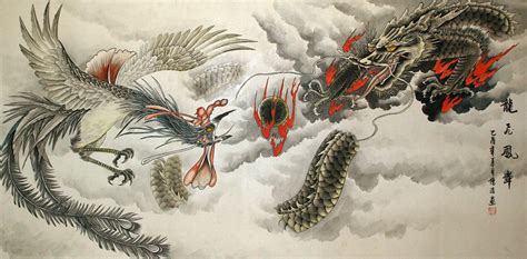 Huge Dragon And Phoenix Painting Asian Art