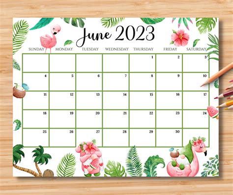 Editable June 2023 Calendar Joyful Summer With Cute Gnomes And Etsy