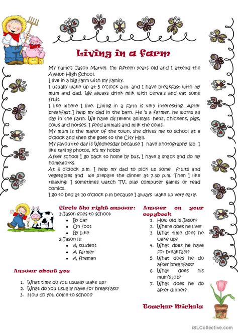 living in a farm reading for detail… english esl worksheets pdf and doc