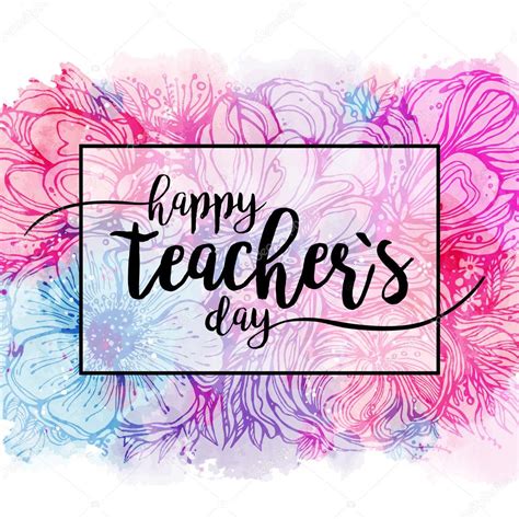 Happy Teachers Day Handdrawn Typography Poster With Pink Blue Flowers Bouquet Vector Art