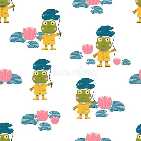 Seamless Vector Pattern With Cute Funny Cartoon Frogs And Flowers And