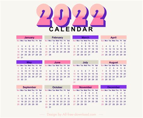 2022 Calendar Template Bright Colorful Flat Plain Decor Vectors Graphic