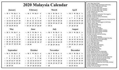 Incredible Malaysia School Holiday 2020 Excel Printable Calendar 2020