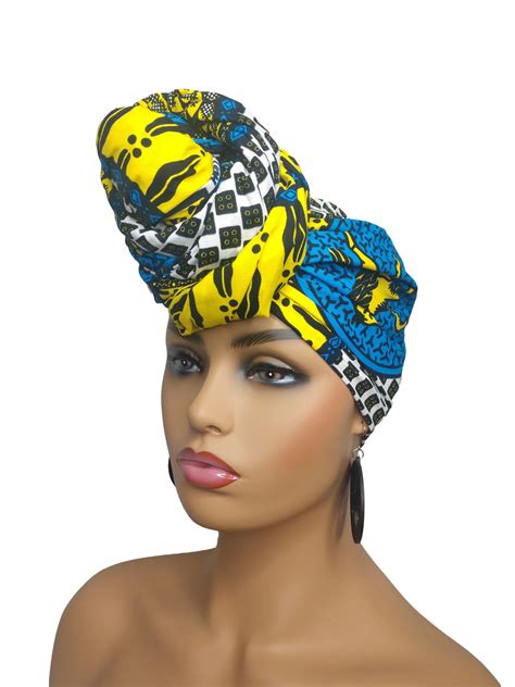 African Head Wraps For Women In Yellow And Blue Ankara Headwrap Hairpiece Hair Scarf Etsy