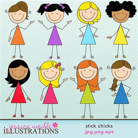 Stick Chicks Cute Digital Clipart Commercial Use Ok Girl Etsy Stick