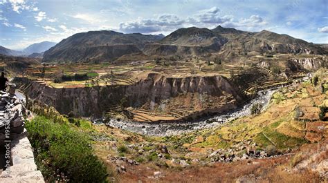View Of Terraced Fields And Colca River In Colca Canyon In Southern
