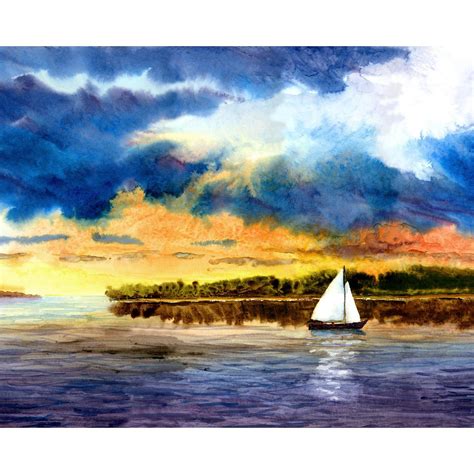 Sailboat Painting Watercolor Print Seascape At Sunset Clouds