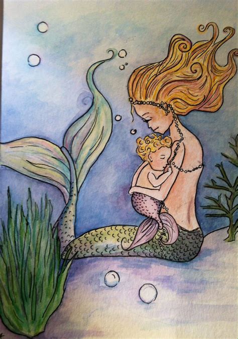 Mermaid Merbaby Watercolor Swirly Whimsical Erin Coste Art