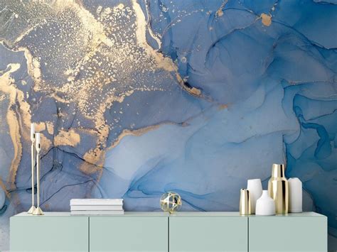 Blue Marble With Gold Splash Wallpaper Mural In 2020