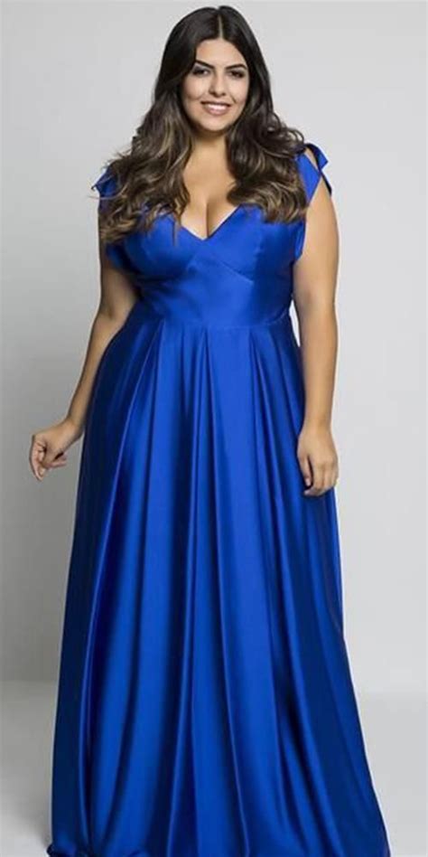 V Neck Royal Blue Long Plus Size Prom Dress Custom Made Satin Long Plus