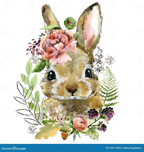 Cute Watercolor Rabbit Cartoon Forest Animal Illustration Stock