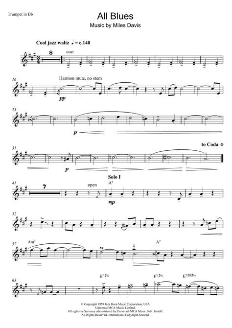 All Blues Sheet Music Miles Davis Trumpet Solo