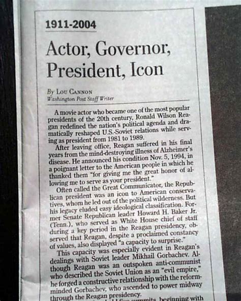 Death Of Ronald Reagan In A Washington Dc Newspaper