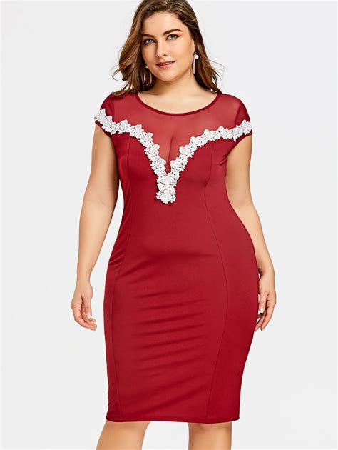 Gamiss Summer Sexy Elegant Bodycon Dress Plus Size Sheer Lace Appliqued