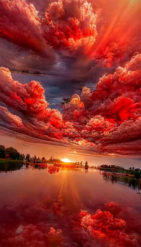 The Sky Is Filled With Red Clouds As The Sun Sets In The Distance Behind It