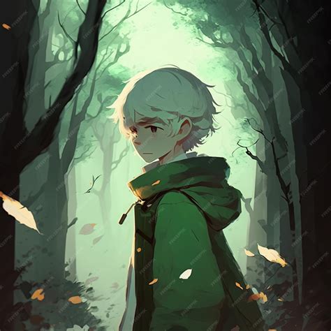 Premium Ai Image Anime Boy In Green Hoodie Standing In A Forest With