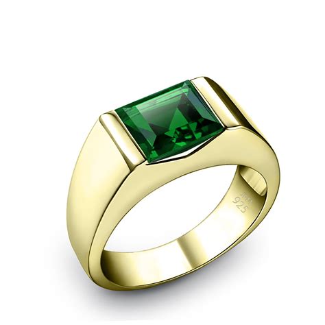 Mens Solitaire Ring With Green Emerald Gemstone Pinky Band Male T