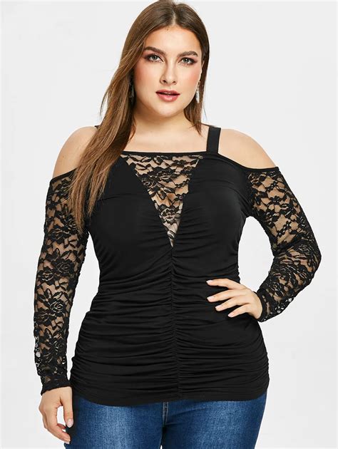 Wipalo Women Plus Size 5xl Cold Shoulder Sheer Lace Insert Pleated T Shirt Sexy Plunging Neck