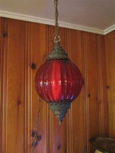 Vintage 60s 70s Modern Red Glass Hanging Swag Light Lamp Red Glass Swag Lamp Swag Light
