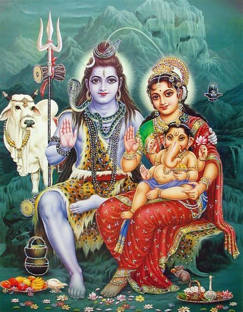Shiva Sitting With Parvati Ganesha And Nandi Poster With Glitter