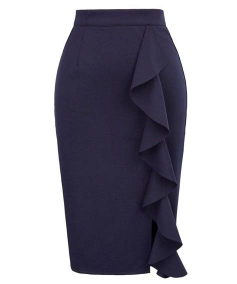 Womens Ruffle Bodycon Knee Length Midi Pencil Skirt Navy Blue