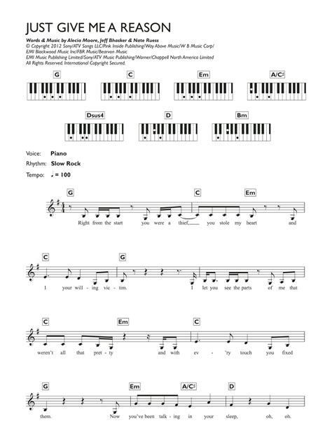 Pink Just Give Me A Reason Featuring Nate Ruess Sheet Music