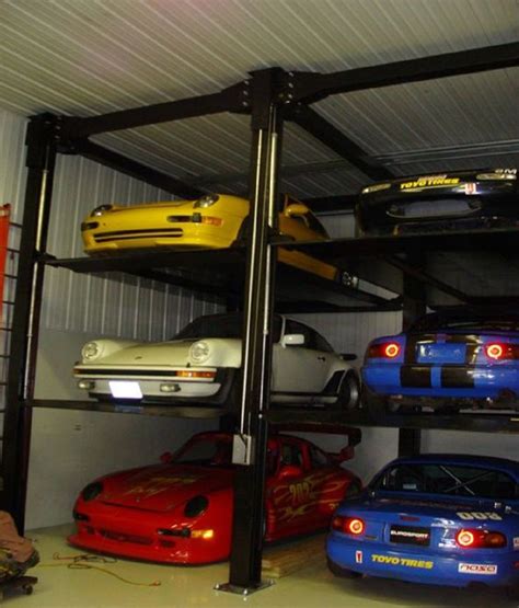 There Are Many Cars On The Shelves In This Garage And One Is Yellow Or