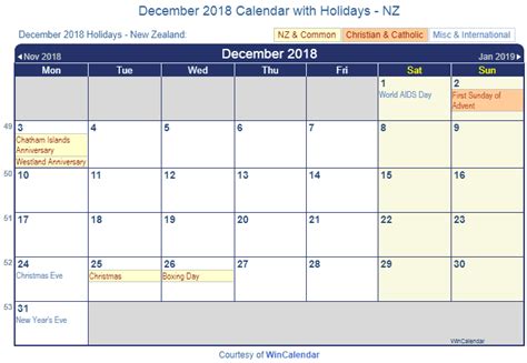 Print Friendly December 2018 New Zealand Calendar For Printing