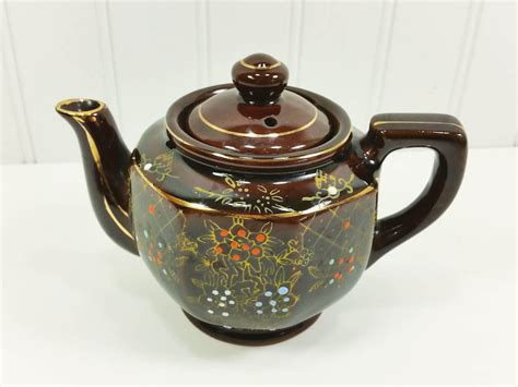 Small Brown Flowered Teapot Hand Painted Redware Pottery Etsy Tea