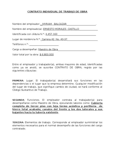 Contrato De Obra Derecho Laboral Instituciones Sociales