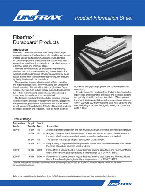 Fiberfrax Duraboard Products Product Information Sheet Pdf