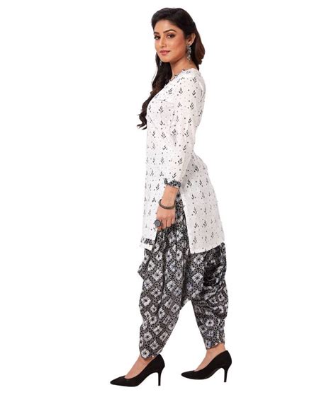 Womens White And Black Cotton Printed Readymade Patiyala Suit Set Om