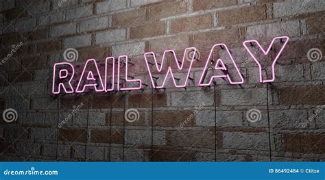 Railway Glowing Neon Sign On Stonework Wall 3d Rendered Royalty