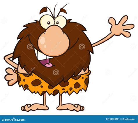 Happy Male Caveman Cartoon Mascot Character Waving Stock Illustration