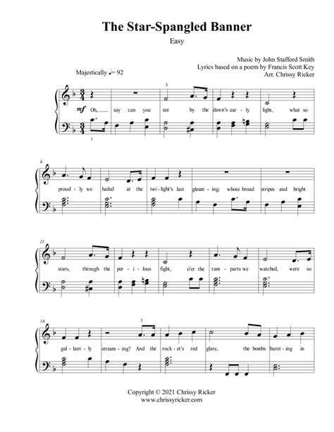 The Star Spangled Banner Easy Piano With Lyrics Arr Chrissy