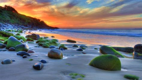 Sunset Ocean Sandy Beach Rocks Green Movi Water Nature 4k