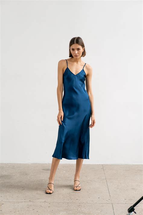 Natural Silk Slip Dress Blue Midi 100 Silk Cami Dress Royal Etsy